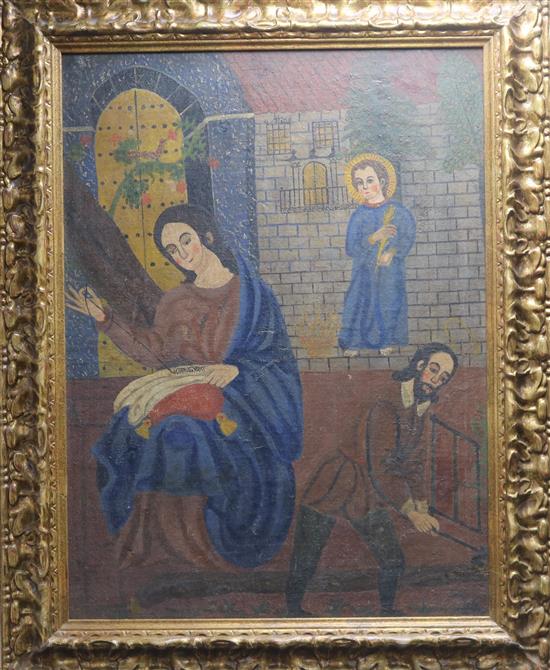 18th / 19th century Spanish Colonial School, oil on canvas, Mary, Joseph and Jesus 84 x 62cm